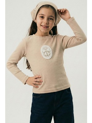 Breeze Kız Çocuk Uzun Kollu Tişört Vintage Dantel Fiyonk Aplikeli 5-10 Yaş, Bej