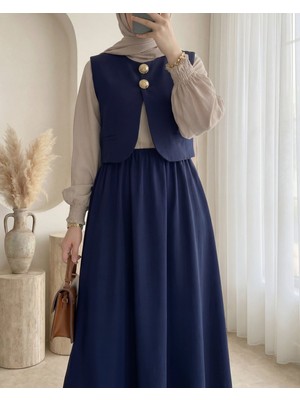 Modamorfo Beli Lastikli Yarım Düğmeli Zra Cupra Yelek Elbise Takım -Laci