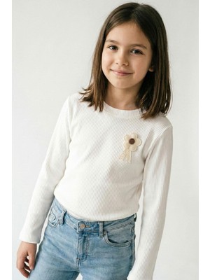 Breeze Kız Çocuk Uzun Kollu Tişört Çiçek Aplike Armalı 5-10 Yaş, Ekru