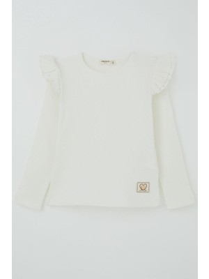 Breeze Kız Çocuk Uzun Kollu Tişört Kalp Arma Detaylı Omzu Fırfırlı 5-10 Yaş, Ekru