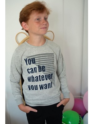 Breeze Erkek Çocuk Sweatshirt Yazı Baskılı 8-14 Yaş, Koyu Gri Melanj