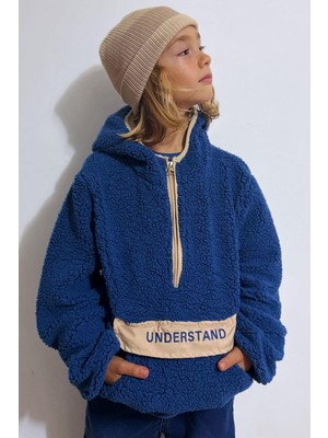 Reycan Erkek Çocuk Peluş Sweatshirt Kapüşonlu Kanguru Cepli 5-8 Yaş, Indigo