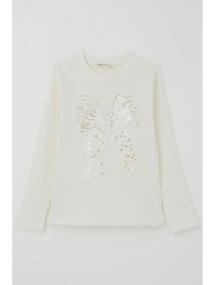 Breeze Kız Çocuk Uzun Kollu Tişört Pullu Fiyonk Armalı 8-12 Yaş, Ekru
