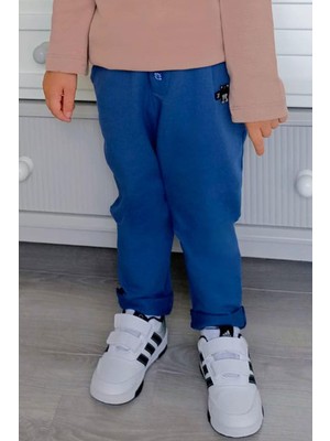 Breeze Erkek Bebek Eşofman Altı Ayıcık Armalı Düğme Aksesuarlı 9 Ay-3 Yaş, Saks Mavisi