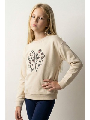 Breeze Kız Çocuk Sweatshirt Fiyonk Baskı Nakışlı Yazılı 6-12 Yaş, Krem