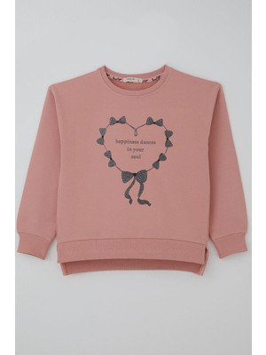 Breeze Kız Çocuk Sweatshirt Simli Kurdeleli Kalp Baskılı 9-14 Yaş, Gülkurusu