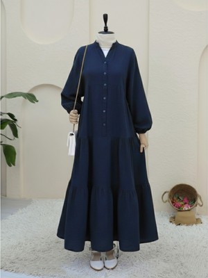 Modamorfo V Yaka Yarım Düğmeli Kolu Lastikli Parçalı Müslin Elbise -Laci