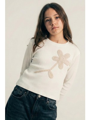 Breeze Kız Çocuk Uzun Kollu Tişört Örgü Çiçek Aplikeli 6-12 Yaş, Ekru
