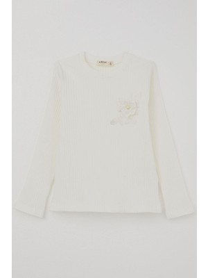 Breeze Kız Çocuk Uzun Kollu Tişört Güpür Armalı Incili 8-12 Yaş, Ekru