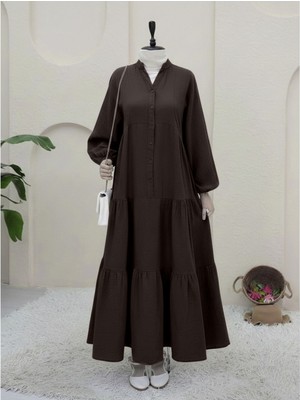 Modamorfo V Yaka Yarım Düğmeli Kolu Lastikli Parçalı Müslin Elbise -K. Kahve