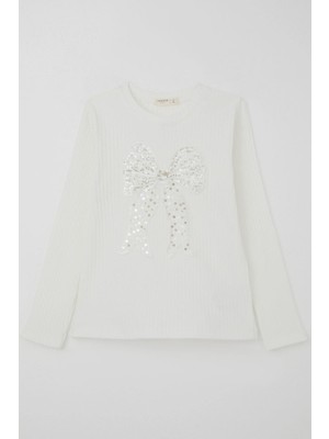 Breeze Kız Çocuk Uzun Kollu Tişört Tül Fiyonk Armalı Pullu 9-14 Yaş, Ekru