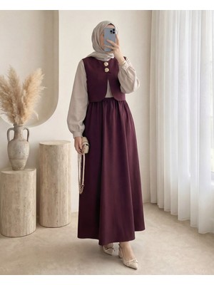 Modamorfo Beli Lastikli Yarım Düğmeli Zra Cupra Yelek Elbise Takım -K. Bordo