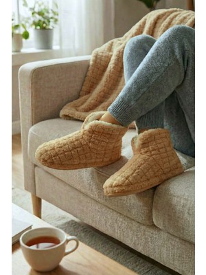 Sevim Kalın Kaydırmaz Tabanlı Içi Tüylü Ev Botu - Yumuşak, Peluş Iç Astarlı, Kışlık Panduf-Deve Tüyü
