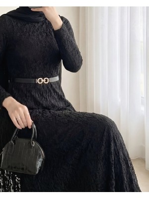 Modamorfo Kemerli Astarlı Güpür Dantel Elbise -Siyah