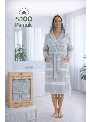 Luna %100 Pamuk Peştemal Bornoz Kapüşonlu Unisex- Açık Gri