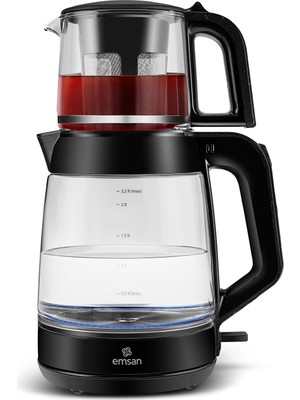 Emsan Glass Tea Xl 2 In 1 Cam Çay Makinesi ve Kettle Shiny Black