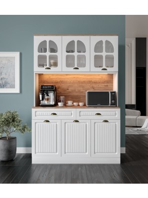 Efes Komple Mdf Kahve Köşesi - 140 cm Mdf Mutfak Dolabı - Dokunmatik LED Aydınlatmalı Kahve Köşesi