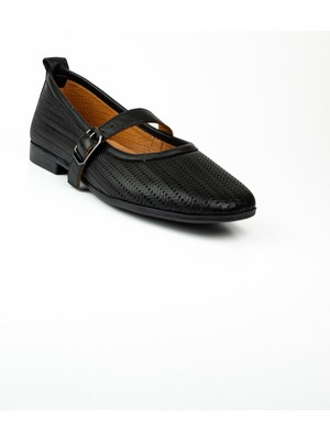 Moda Arena 5057 Siyah Deri Askılı Örgülü Kadın Babet