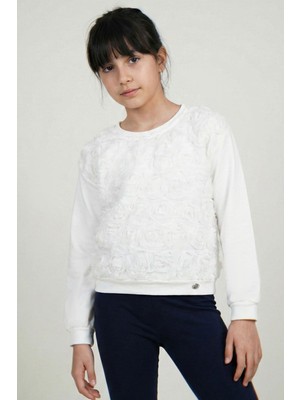 Breeze Kız Çocuk Uzun Kollu Tişört Organze Kabartmalı Gül Detaylı 6-12 Yaş, Ekru