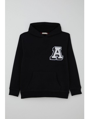 Breeze Erkek Çocuk Sweatshirt A Harfi Yazı Nakış Armalı 9-14 Yaş, Siyah