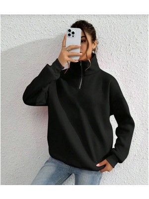 Stelol Unisex Uzun Kol Yarım Farmuarlı Yakalı Basic Sweatshirt - Siyah