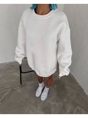 Stelol Kışlık Bisiklet Yaka Üç Iplik Basic Sweatshirt - Beyaz