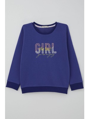 Breeze Kız Çocuk Sweatshirt Yazı Nakış Baskılı 5-10 Yaş, Morcivert