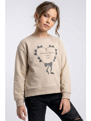 Breeze Kız Çocuk Sweatshirt Simli Kurdeleli Kalp Baskılı 9-14 Yaş, Bej
