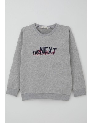 Breeze Erkek Çocuk Sweatshirt Yazı Nakış Baskılı 5-10 Yaş, Gri Melanj