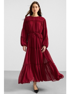 Olcay Büzgü Detaylı Şifon Elbise Bordo 9416-E