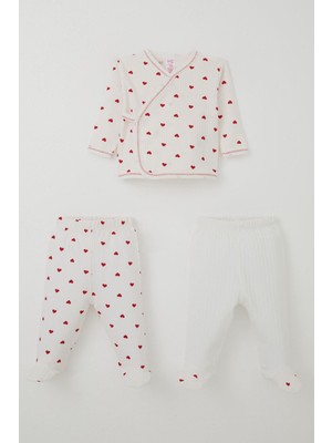 Breeze Kız Bebek Hastane Çıkışı 3 Lü Kalp Desenli 0-4 Ay, Ekru