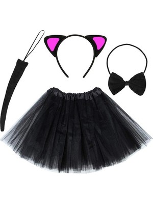 Just Cheap Store Kedi Kulak Taç Etek Kuyruk ve Papyon 4 Lü Set Çocuk Fuşya