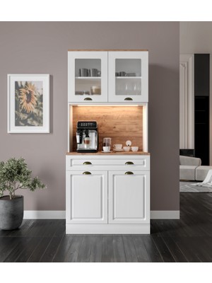Montaj Dahil - Gözde 2 Kapaklı Kahve Köşesi – 93 cm Mdf, LED Aydınlatmalı, Çok Amaçlı Mutfak ve Airfryer Dolabı