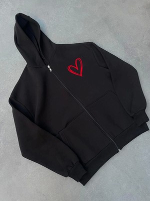 Stelol Üç Iplik Baskılı Fermuarlı Kapşonlu Hırka - Siyah