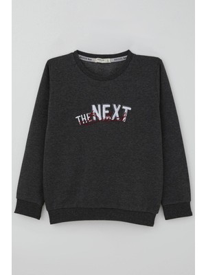 Breeze Erkek Çocuk Sweatshirt Yazı Nakış Baskılı 5-10 Yaş, Koyu Gri Melanj