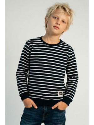 Breeze Erkek Çocuk Sweatshirt Arma Detaylı Çizgili 4-8 Yaş, Lacivert