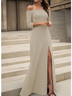 Stelol Kadın Uzun Kollu Madonna Yakalı Yırtmaç Detaylı Uzun Ithal Krep Elbise