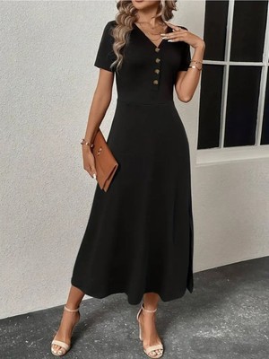 Stelol Kadın Kısa Kollu V Yakalı Önden Düğmeli Yırtmaçlı Midi Viskon Elbise