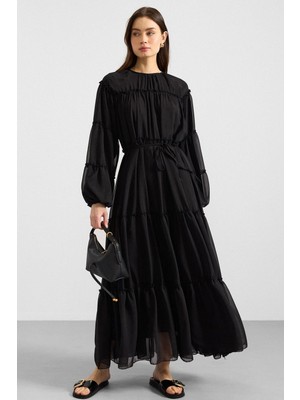 Olcay Büzgü Detaylı Şifon Elbise Siyah 9416-E