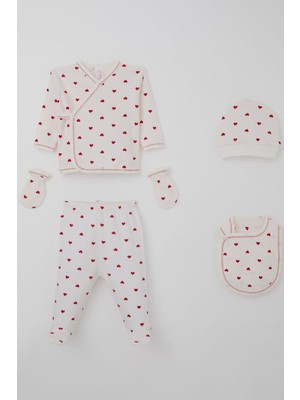 Breeze Kız Bebek Hastane Çıkışı 5 Li Kalp Desenli 0-3 Ay, Ekru