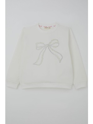 Breeze Kız Çocuk Sweatshirt Inci Taş Işlemeli 7-12 Yaş, Ekru
