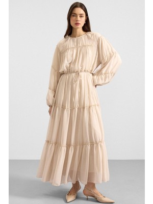 Olcay Büzgü Detaylı Şifon Elbise Krem 9416-E