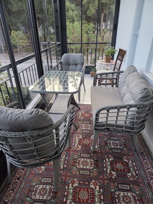 Tu Tienda Kartepe Galvaniz Boru 2 1 1 Sehpa(60*90) Rattan Bahçe Balkon Takımı,Gri Rattan / Gri Kumaş