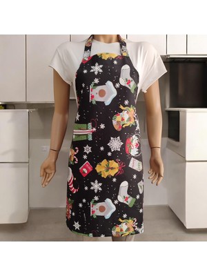Düşler Ev Tekstili Siyah Yeniyıl Yılbaşı Desenli Ayarlanabilir Su ve Leke Itici Özelliği Bulunan Şef Mutfak Önlüğü