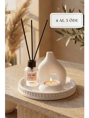 Zuri Design Vanilya 50 ml Cam Şişe Oda Kokusu Mum Altlığı ve Beton Biblo Set - Sunum Tepsisi Seti