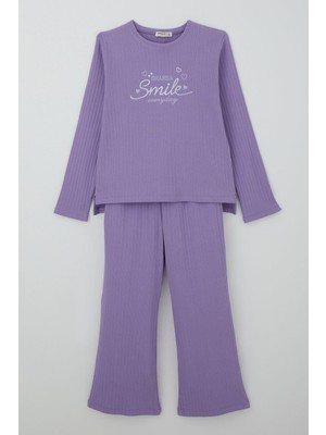 Breeze Kız Çocuk Pantolonlu Takım Yazı & Kalp Nakışlı Pantolonu Fiyonk Aksesuarlı 4-8 Yaş, Lila