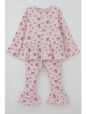 Breeze Kız Çocuk Taytlı Takım Çiçek Desenli Paça Kısmı Fırfır Detaylı 3-7 Yaş, Pembe