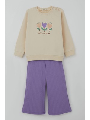 Breeze Kız Çocuk Eşofman Takımı Özgüven Temalı Pırıltılı Laleler Baskılı 1.5-5 Yaş, Krem