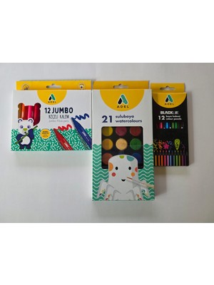 Adel 3lü Set (21 Li Sulu BOYA-12Lİ Kuru BOYA-12Lİ Keçeli Kalem)