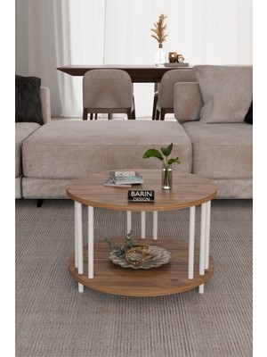 Barin Design Modern Yuvarlak Orta Sehpa Çift Katlı Beyaz Metal Ayaklı Salon, Ofis, Dekoratif Masa